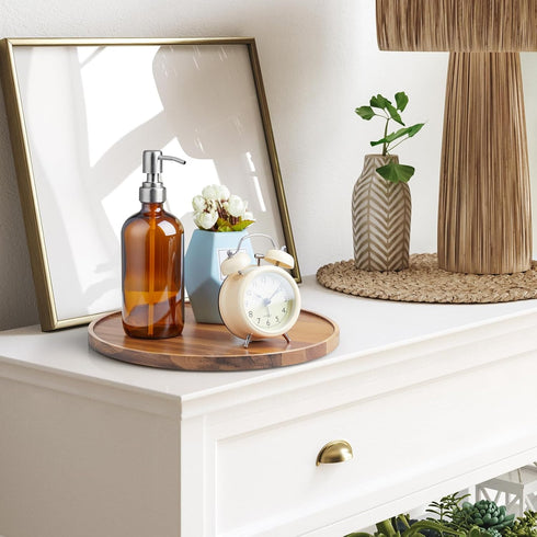 CMLKLZD 12 Inch Acacia Wood Round Tray, Wooden Decorative Serving Coffee Table Tray Centerpiece Candle Holder