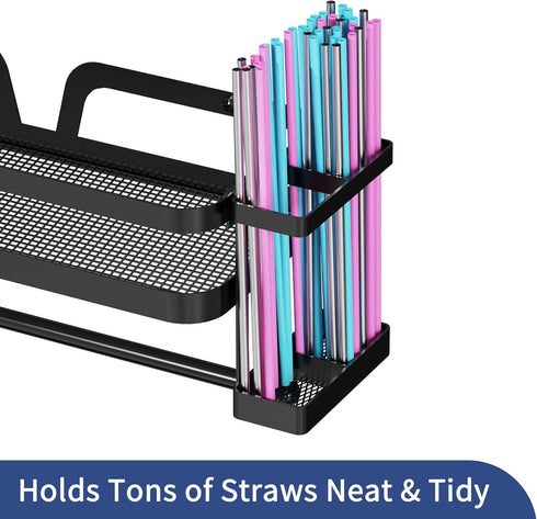 Taozun 4 Paper Towel Holder with Shelf & Side Straw Basket, Black Kitchen Paper Holder Spice Rack Black Paper Towel