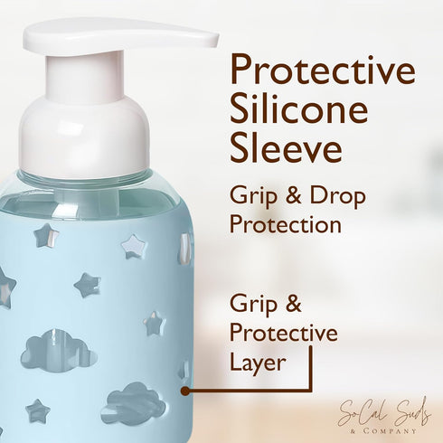 8oz SoCal Suds & Company Foaming Hand Soap Dispenser Glass, Liquid Soap Pump with Cloud & Star Sleeve, Refillable