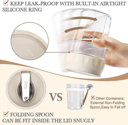 16oz (2 Set-Smoke SOLIGT Overnight Oats Containers with Lids, Folding Spoons and Divided Compartment for Fruit & Nuts