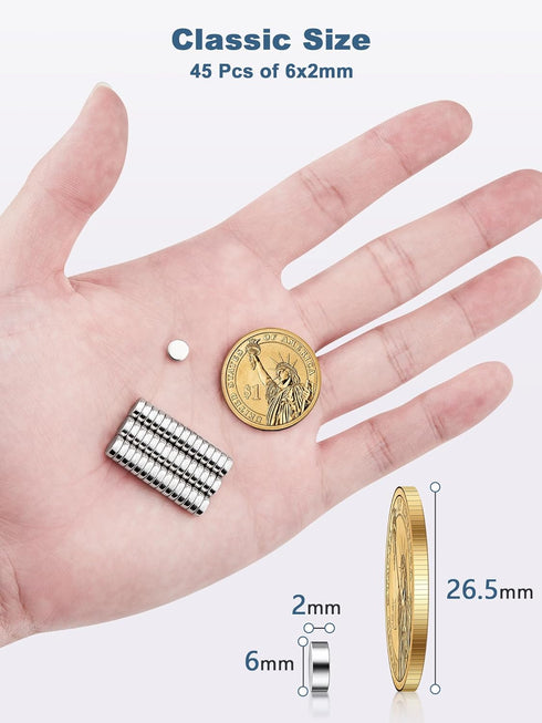 SMARTAKE 45 Pcs Refrigerator Magnets, 6x2mm Small Round Fridge Magnets, Multi-Use Premium Neodymium Office Magnets for Fridge, Whiteboard, Billboard in Home, Kitchen, Office and School (Silver)