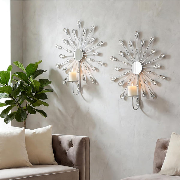 Crystal Rhinestone Wall Candle Sconces Set of 2 Bling Diamond Metal Sunburst