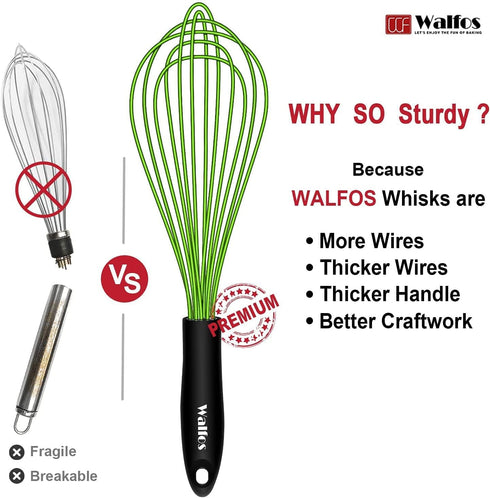 Walfos Silicone Whisk, Rubber Whisks for Cooking, Baking (11, 9, 8.5 inch) - Heat Resistant Kitchen Whisks for