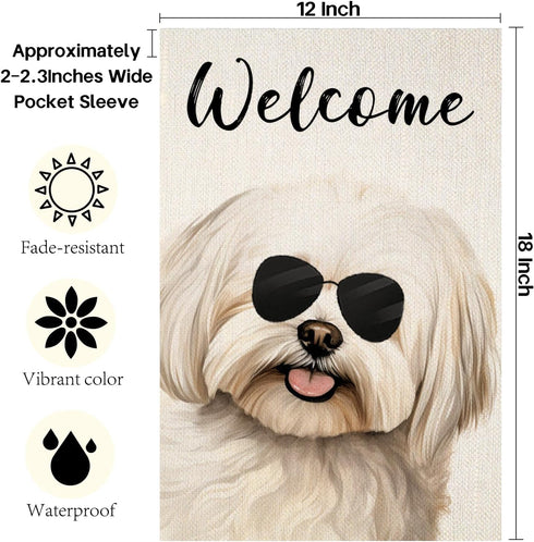 Welcome Maltese with Sunglasses Garden Flag 12x18 Inch, Small Vertical Double Sided Decorative House Yard Decor