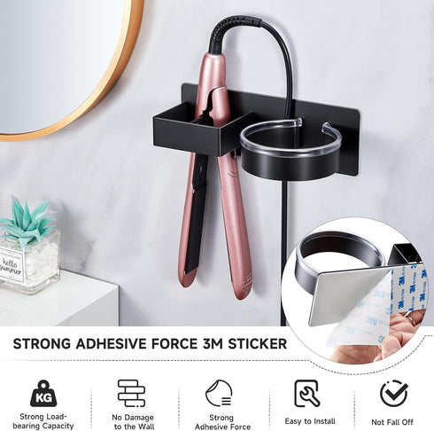 Wall Mounted Hair Dryer Holder, Adhesive Hair Straightener Organizer, Stainless Steel Storage for Curling Iron in