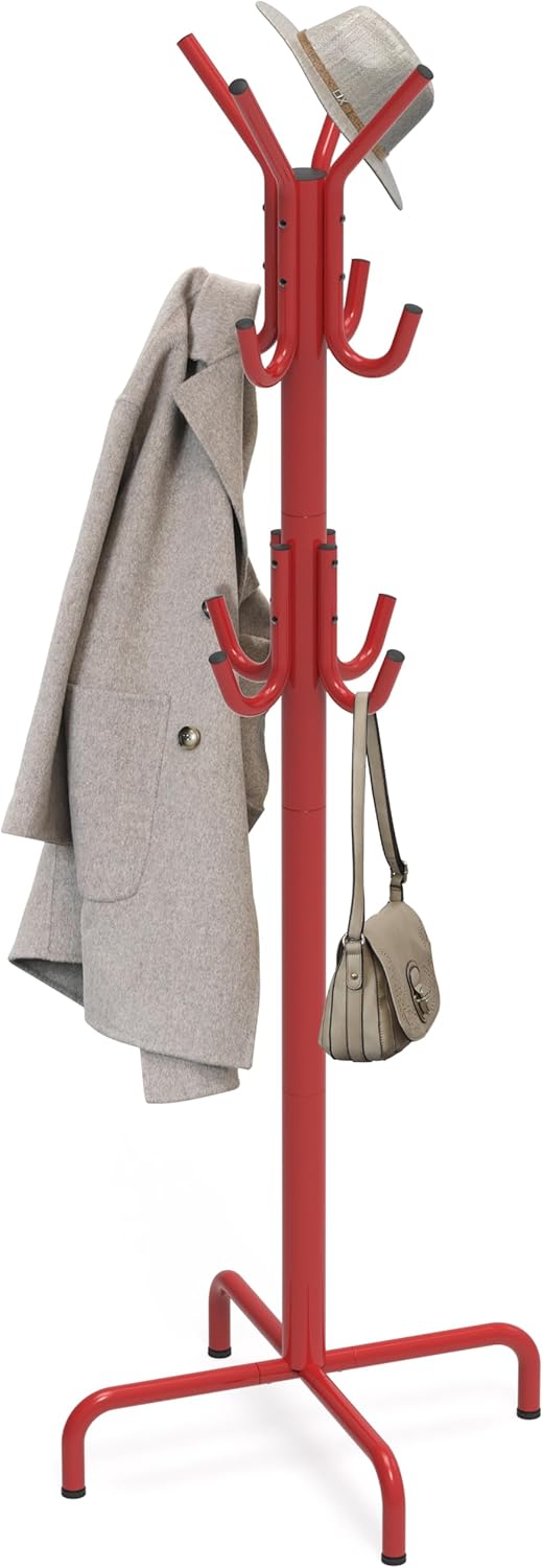Simple Houseware Standing Coat and Hat Hanger Organizer Rack, 12 Hooks in Red