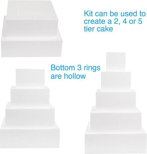Silverlake 5-Tier Square Cake Dummy Set, American-Made Hard Foam Cake Dummies, 4" High x 4,6,8,10,12" Squares
