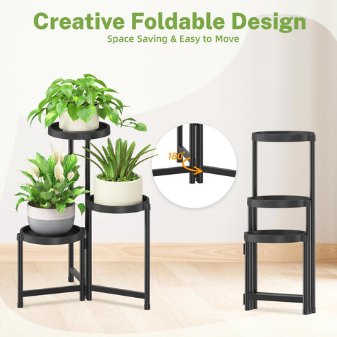 3 iDavosic.ly Tier Folding Plant Stand Indoor Outdoor with Plastic Tray, Tiered Corner Flower Holder Shelf, Metal