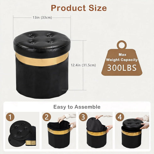 Room13x13x12.4(YZblack,1pcs) xuperbonus Small Ottoman with Storage,Folding Round Ottoman with Gold Trim,Velvet Storage