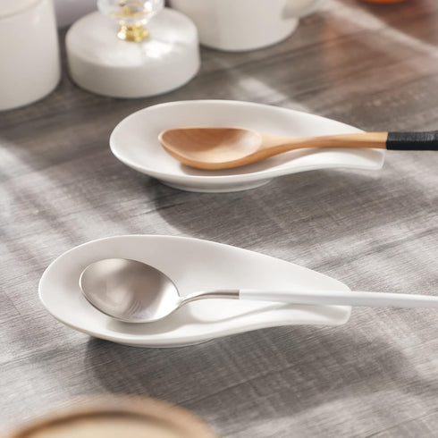 ONTUBE Ceramic Spoon Rests Set of 4, Porcelain Sauce Dish for Cooking Spoons, 6.5 Inch (White)