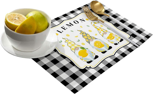 Victories Placemats for Dining Table - Summer Rural Lemon Gnomes Black White Buffalo Plaid, Set of 6