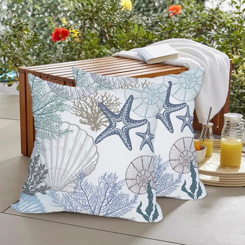 Blue Ocean Waterproof Outdoor Pillow Covers 18x18 Inch Set of 2, Nautical Coastal Starfish Coral Shell Conch Throw