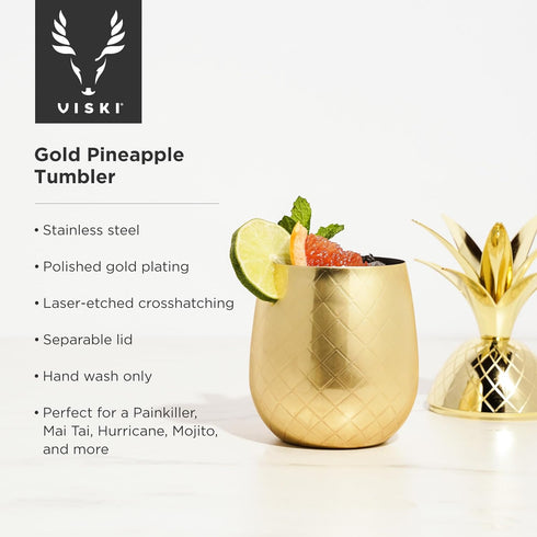 Viski Gold Pineapple Tumbler with Lid, 16 Oz Stainless Steel Tumbler Cup for Mai Tais, Tiki Drinks, and Craft Cocktails