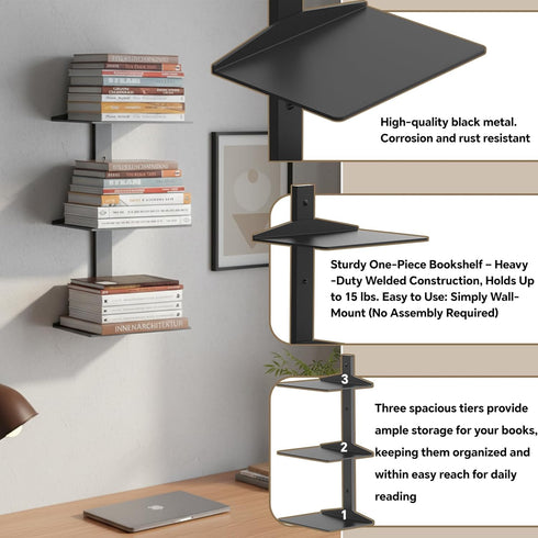 2 Pack 6 Invisible Floating Bookshelf for Wall Mounted, Black Spine Book Tower, Tier Vertical Book Organizers, Heavy