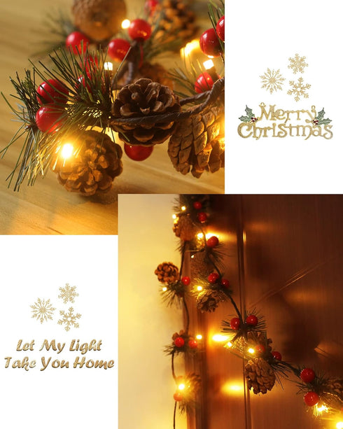 2 6.6 20 PCS Christmas Garland with Lights and Bigger Pine Cones, Led String Lights, Red Berries, Needle, Pine Cone