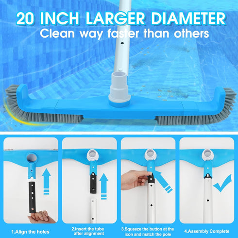 20" 2 1 1-1/4" 1-1/2" TidyMister in Pool Brush Vacuum Head with Swivel Hose Connection & Sturdy Nylon Bristles