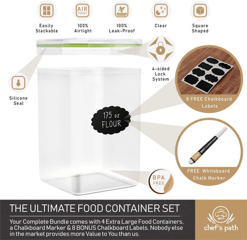 Chef's Path Kitchen Storage Box Set of 4 Extra Large Airtight Food Storage Jars for Sugar Flour Cereal Rice - Measuring Spoons, Pen and Food Preservation Labels (5.2 L)