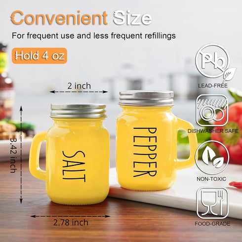 Yellow Salt and Pepper Shakers Set - Glass Salt and Pepper Set for Cooking Table, RV, BBQ, Easy to Clean & Refill -