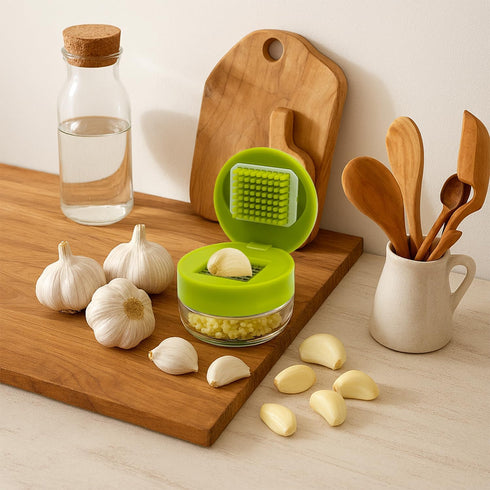 EQUNROY 2 Pcs Garlic Press Stainless Steel,Mini Garlic Chopper,with PeelerCleaning Brush and Scrapers