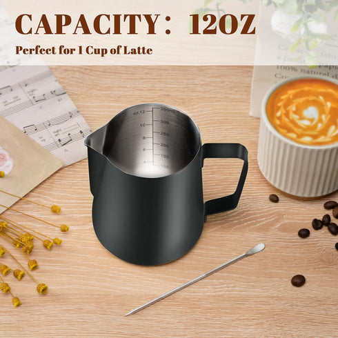 Milk Frothing Pitcher, 12oz Stainless Steel Cup with Clear Scale, Cappuccino Accessories for Barista Coffee Bar