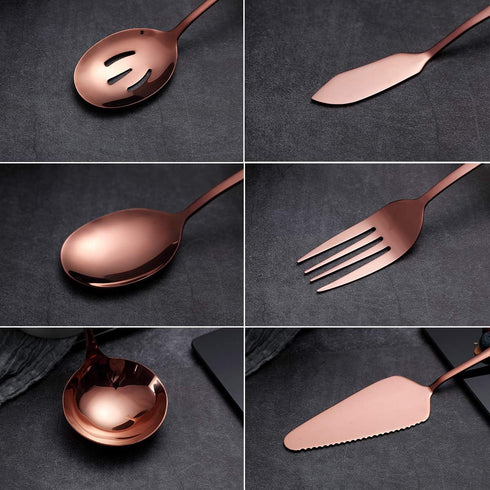 6-Piece Copper Serving Flatware Set, Stainless Steel Utensil Set, Includes Cake Server, Spoons, Fork, Knife