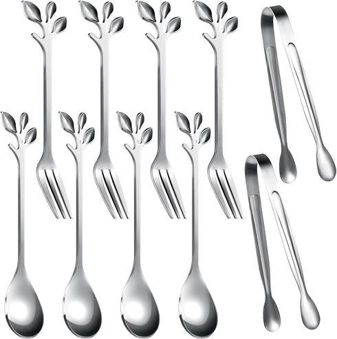 Leaf Coffee Spoons, Mini Serving Tongs and Appetizer Forks, Stainless Steel Dessert Spoons, Metal Dinner Forks for