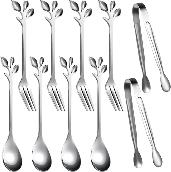 Leaf Coffee Spoons, Mini Serving Tongs and Appetizer Forks, Stainless Steel Dessert Spoons, Metal Dinner Forks for