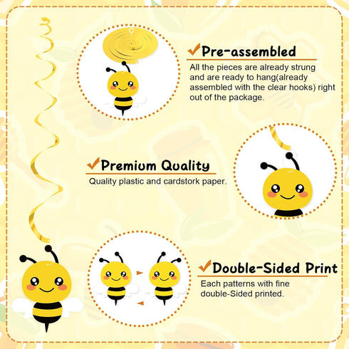 20PCS Bumble Bee Hanging Swirl Decorations, Bee Party Hanging Swirls for Kids Birthday Baby Shower Gender Reveal