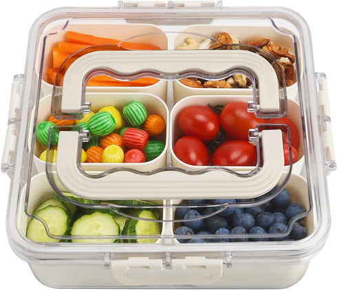 Divided Serving Tray with Lid and Handle - Portable Snack Container, Multi Compartment Clear Veggie Tray