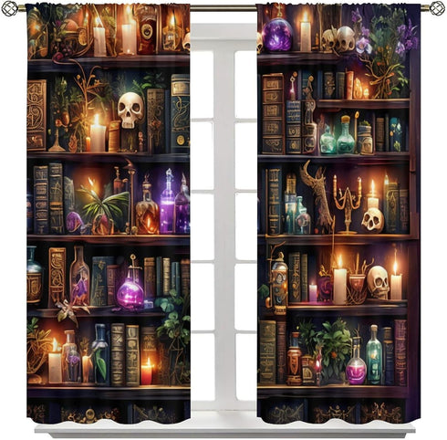 45" 42" Bookshelf Skull Blackout Curtains for Bedroom Living Room, Gothic Library Candles Book Floral Thermal Insulated