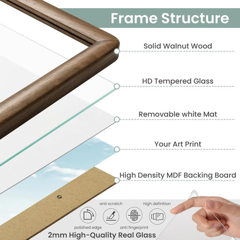 6x8 6x8 5x7 6 8 Picture Frame, Solid Natural Walnut Wood Photo Frame with Tempered Glass, Wood Picture Frame with Mat