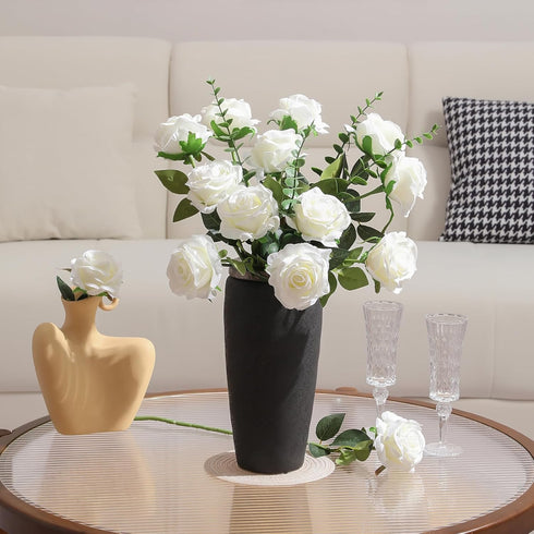 Tifuly White Roses Artificial Flowers, 12 pcs Realistic Single Long Stem Fake Silk Roses Bouquet for Home Wedding Decor