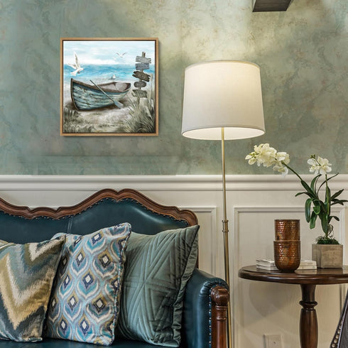 Framed Beach Décor Canvas Picture - Coastal Ocean Artwork with Sea Bird Boat for Bathroom Bedroom Living Room