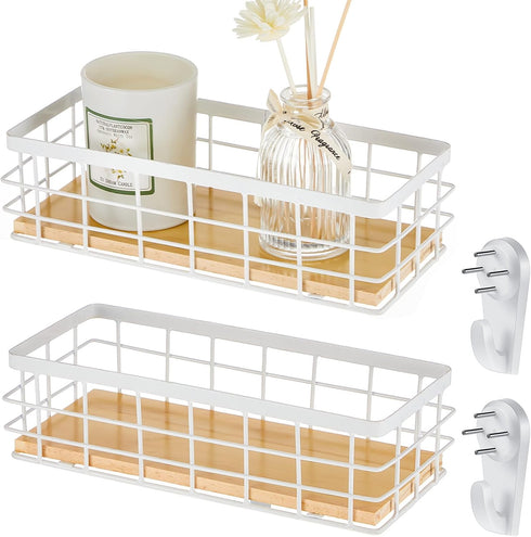 Funrous 2 Pcs Metal Wire Basket, White Toilet Paper Basket Organizer with Wooden Base for Kitchen Countertop