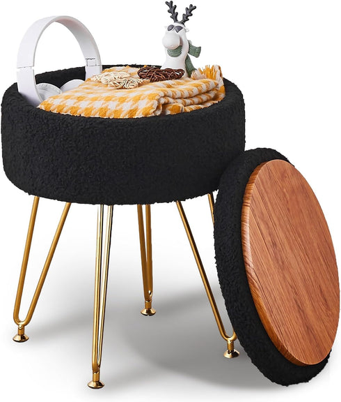 Wimarsbon Storage Ottoman,Teddy Velvet Vanity Stool,Soft Padded Seat,Round Footrest with Removable Cover