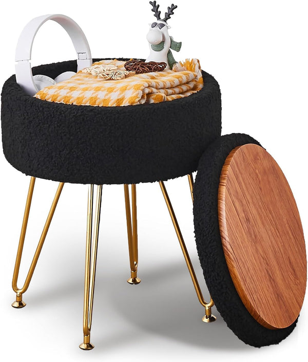Wimarsbon Storage Ottoman,Teddy Velvet Vanity Stool,Soft Padded Seat,Round Footrest with Removable Cover