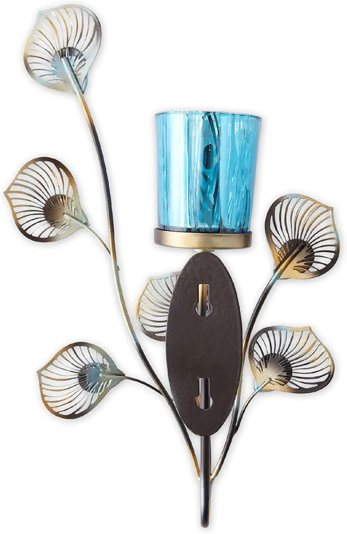 6.75x2.25x10.75, Zingz & Thingz Exotic Peacock Plume Collection Tealight & Candle Lighting, Wall Sconce Single