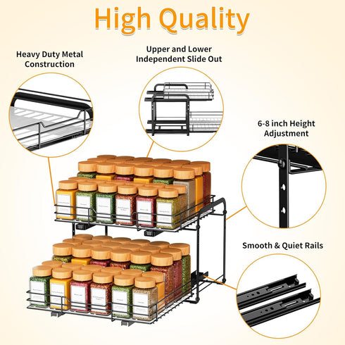 RCHYFEED 2 Tier Pull Out Spice Rack Organizer - Heavy Duty Slide Out Shelf for Kitchen Seasoning