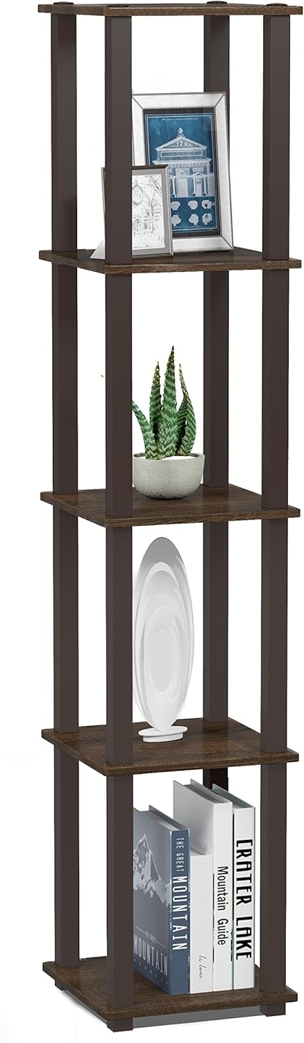 5-Tier FURINNO Turn-S-Tube Corner Square Rack Display Shelf, Walnut/Brown