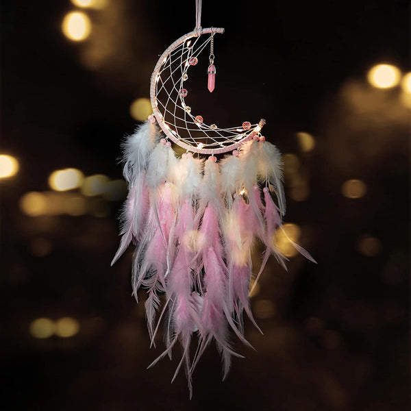 Dremisland Moon Dream Catcher with Fairy Lights-Handmade Feather Lucky Turquoise Pendant Beads