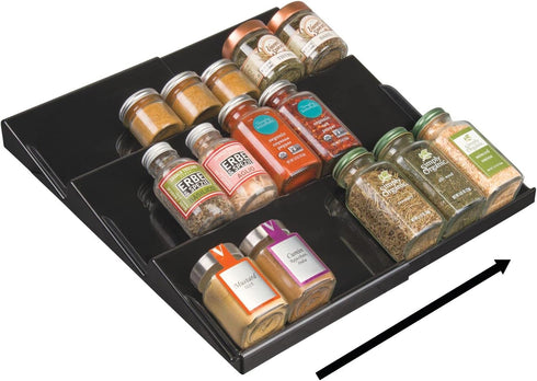 mDesign Expandable Plastic Deluxe Spice Rack, 3 Tier Slanted Drawer Organizer for Kitchen Cabinets
