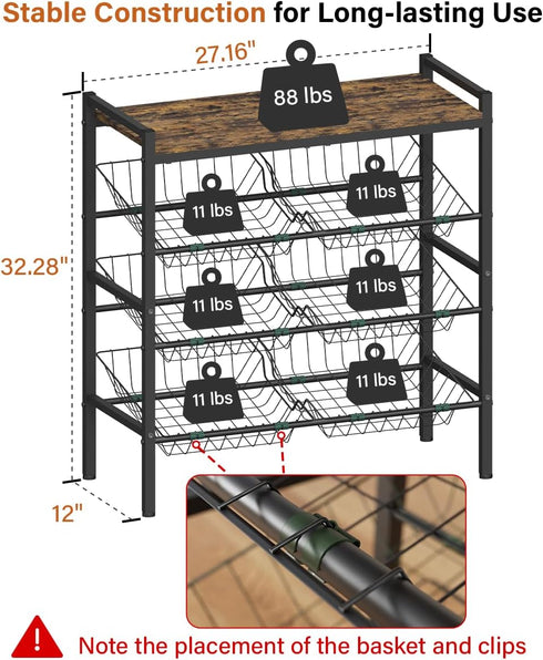 Tigerden 4-Tier Kitchen Fruit and Vegetable Storage Rack, Fruit Basket Stand, Freestanding Snack Display Organizer