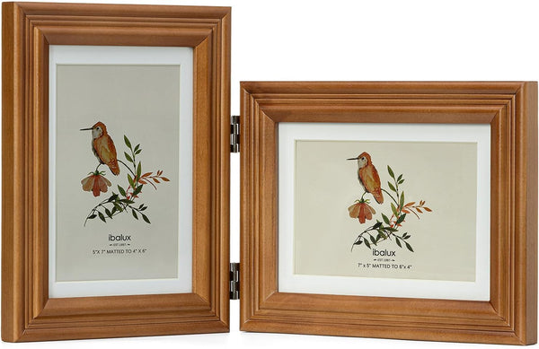 5x7 Double Hinged Picture Frame, 2 Folding Photo Frame, Walnut-colored Pine Wood