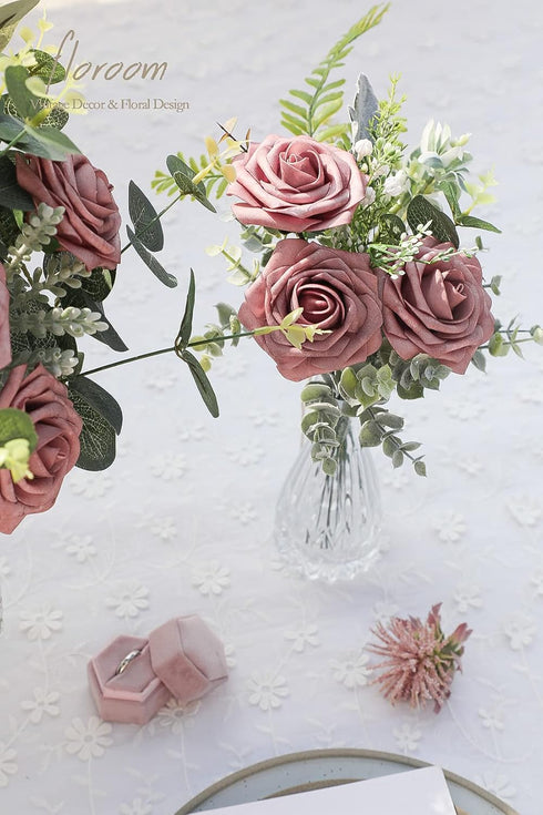 Floroom Artificial Flowers 25pcs Real Looking Dusty Rose Foam Fake Roses for DIY Wedding Bouquets and Home Decorations