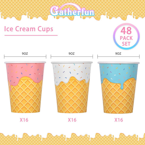 Set Cups,48-Pack 9-oz 3 Gatherfun Ice Cream Party Supplies for Kids & Girls Birthday Paper Baby Shower & Ice Cream