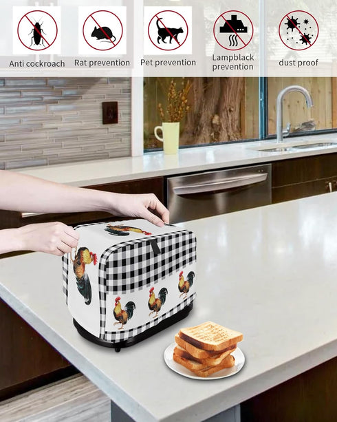 Toaster Dust Cover with Pockets, Black White Buffalo Plaid Rooster Summer Farm Style, Washable 2 Slice Cover