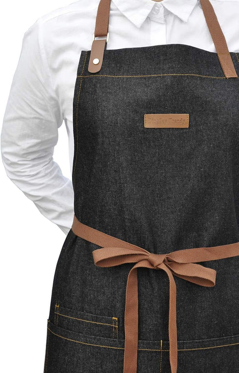 Denim Kitchen Apron with Pockets, Professional Chef Bib Apron for Cooking, Grill & BBQ