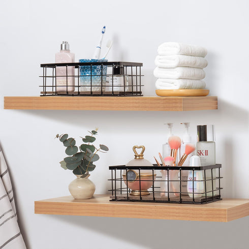 ROSE BLOOM Small Metal Wire Storage Basket: Decorative Wood Base Organizer for Bathroom, Kitchen, Wall Mounted or