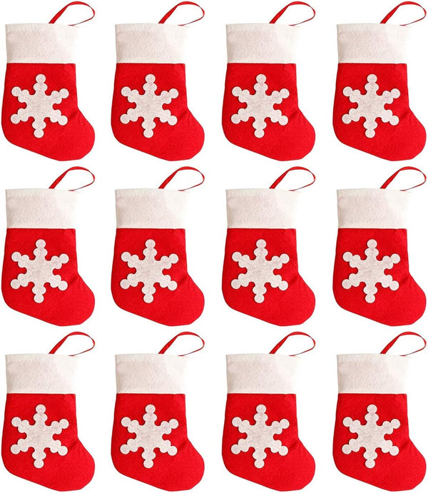 12Pcs Mini Christmas Stockings Snowflake Holders for Candy, Knife, Spoon, Fork, and Xmas Table Decorations