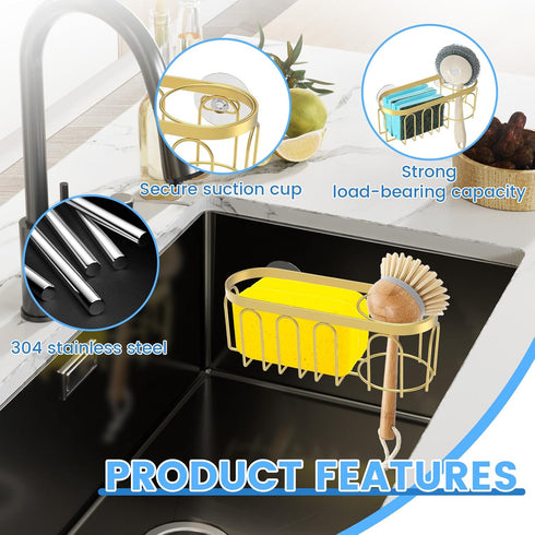 YMKWZ 2Pcs 304 Sponge Holder for Kitchen Sink, Gold Suction Cup Caddy, No-Drilling & Easy to Remove, Stainless Steel